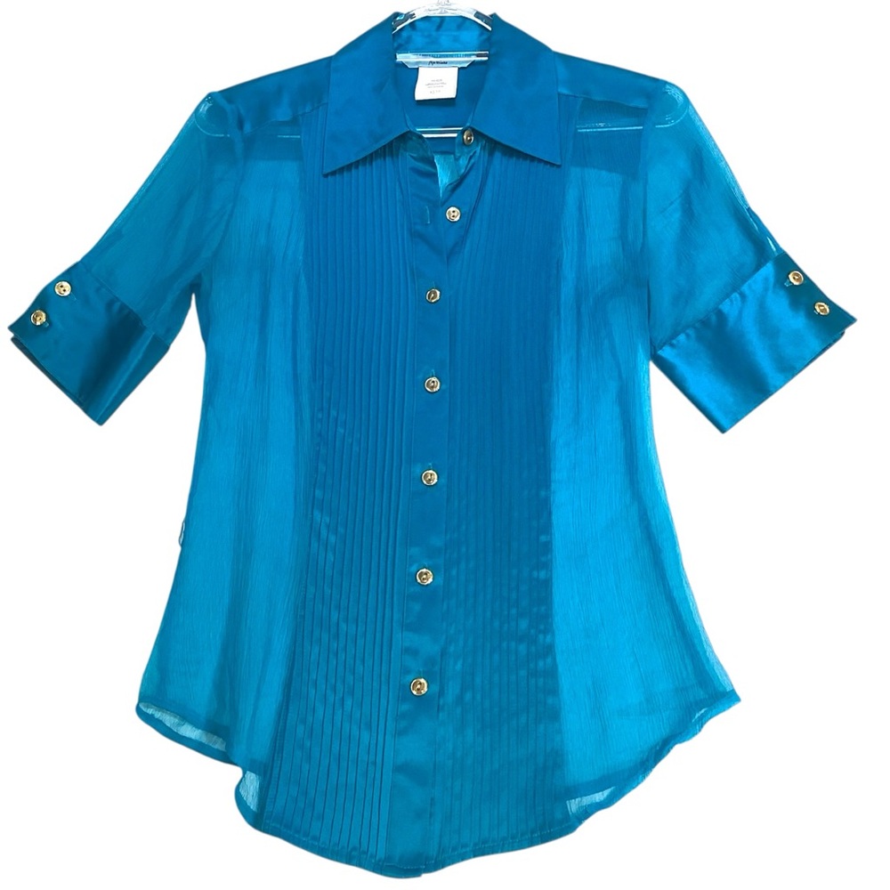 Marciano 100% Silk Sheer Panel Ocean Blue Short Sleeve Blouse, Size XS Y2K 90s - Picture 11 of 11